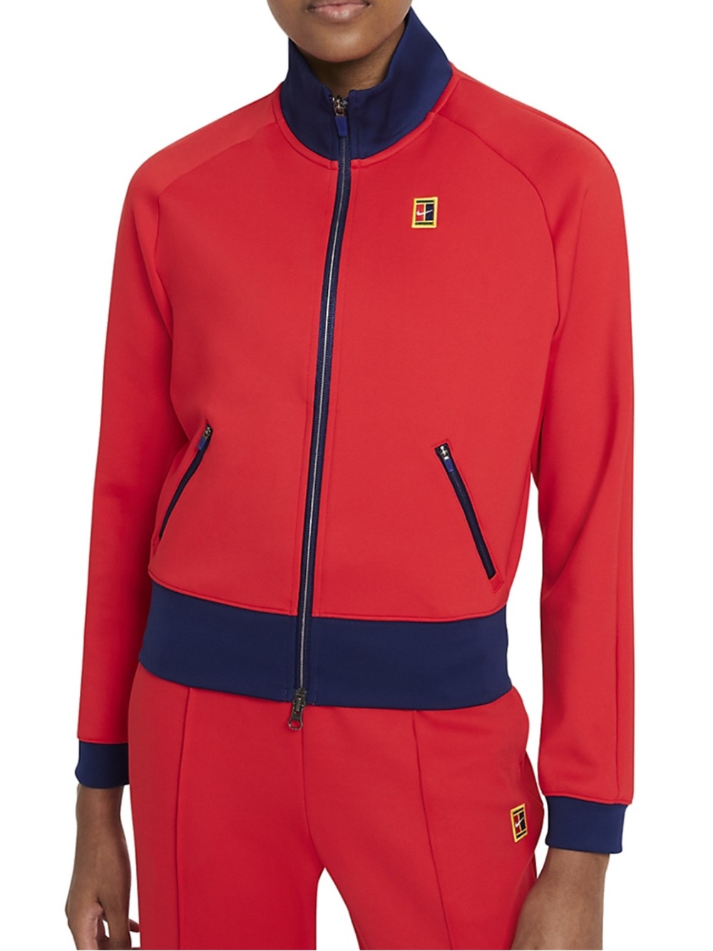 NikeCourt women's full-zip tennis jacket cherry red navy varsity retro sporty